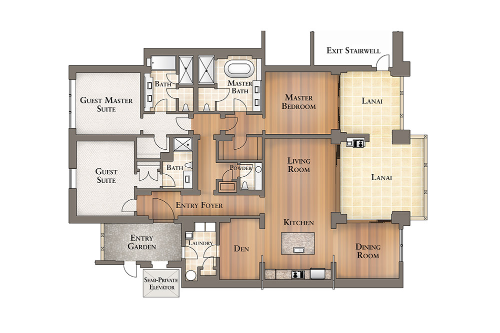 Floor Plan for Kealoha Residence 1-102 located at the Montage Kapalua Bay